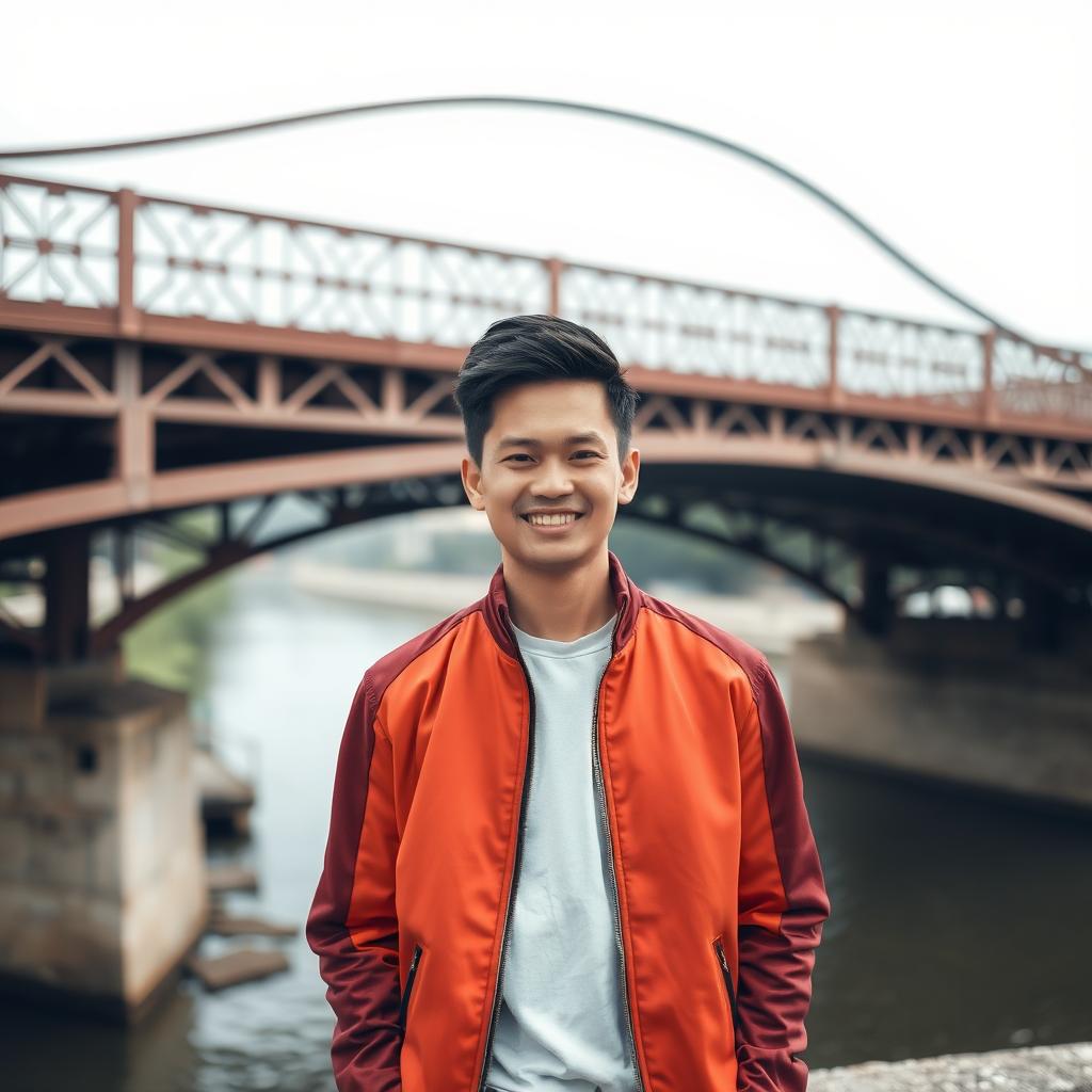 A realistic portrait of a young Thai man standing under a beautiful iron bridge
