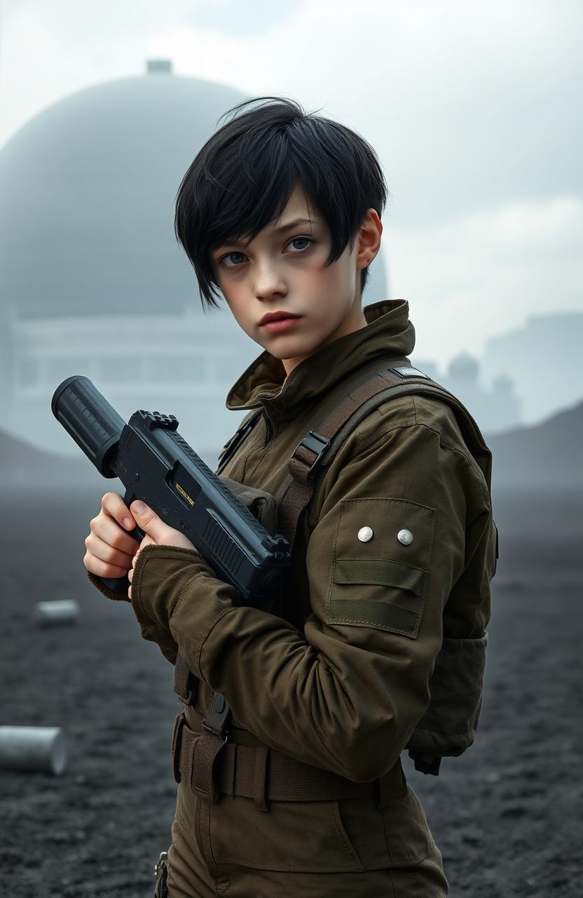 A 16-year-old English girl with short black hair dressed in combat fatigues, confidently carrying a laser pistol