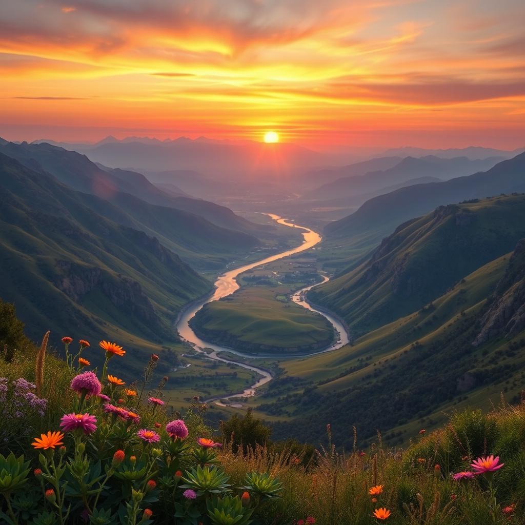 An artistic exploration of perspective, illustrating a breathtaking landscape that showcases the depth and distance of a serene valley, mountains in the background, and a winding river that leads the eye into the horizon