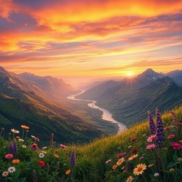 An artistic exploration of perspective, illustrating a breathtaking landscape that showcases the depth and distance of a serene valley, mountains in the background, and a winding river that leads the eye into the horizon