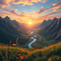 An artistic exploration of perspective, illustrating a breathtaking landscape that showcases the depth and distance of a serene valley, mountains in the background, and a winding river that leads the eye into the horizon