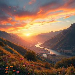 An artistic exploration of perspective, illustrating a breathtaking landscape that showcases the depth and distance of a serene valley, mountains in the background, and a winding river that leads the eye into the horizon