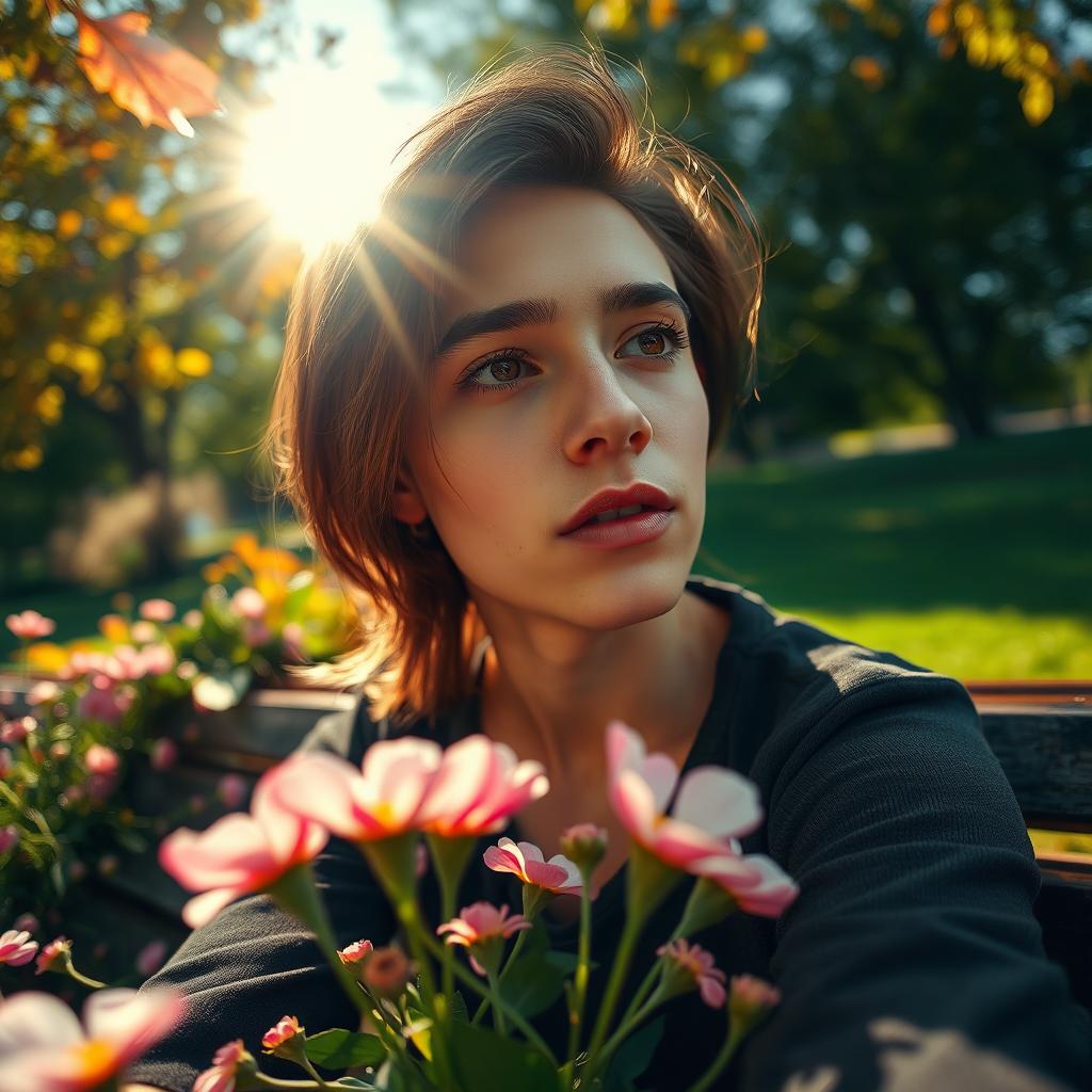 A captivating portrait of a person from a unique perspective, captured as if viewed from a low angle