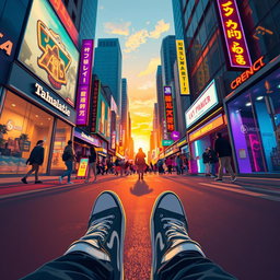 A dynamic scene illustrated from a first-person point of view, depicting a person standing on a bustling city street at sunset