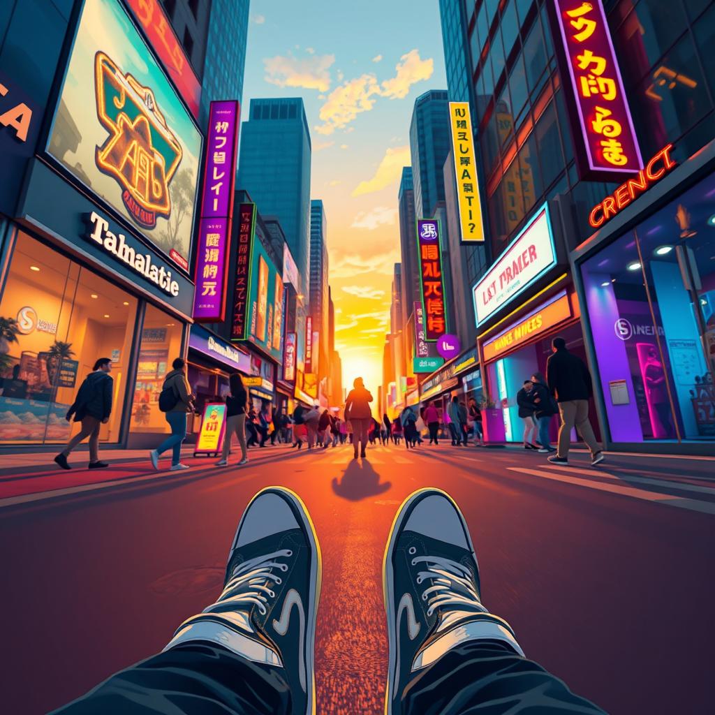A dynamic scene illustrated from a first-person point of view, depicting a person standing on a bustling city street at sunset