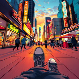 A dynamic scene illustrated from a first-person point of view, depicting a person standing on a bustling city street at sunset