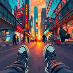 A dynamic scene illustrated from a first-person point of view, depicting a person standing on a bustling city street at sunset