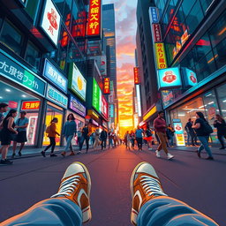 A dynamic scene illustrated from a first-person point of view, depicting a person standing on a bustling city street at sunset