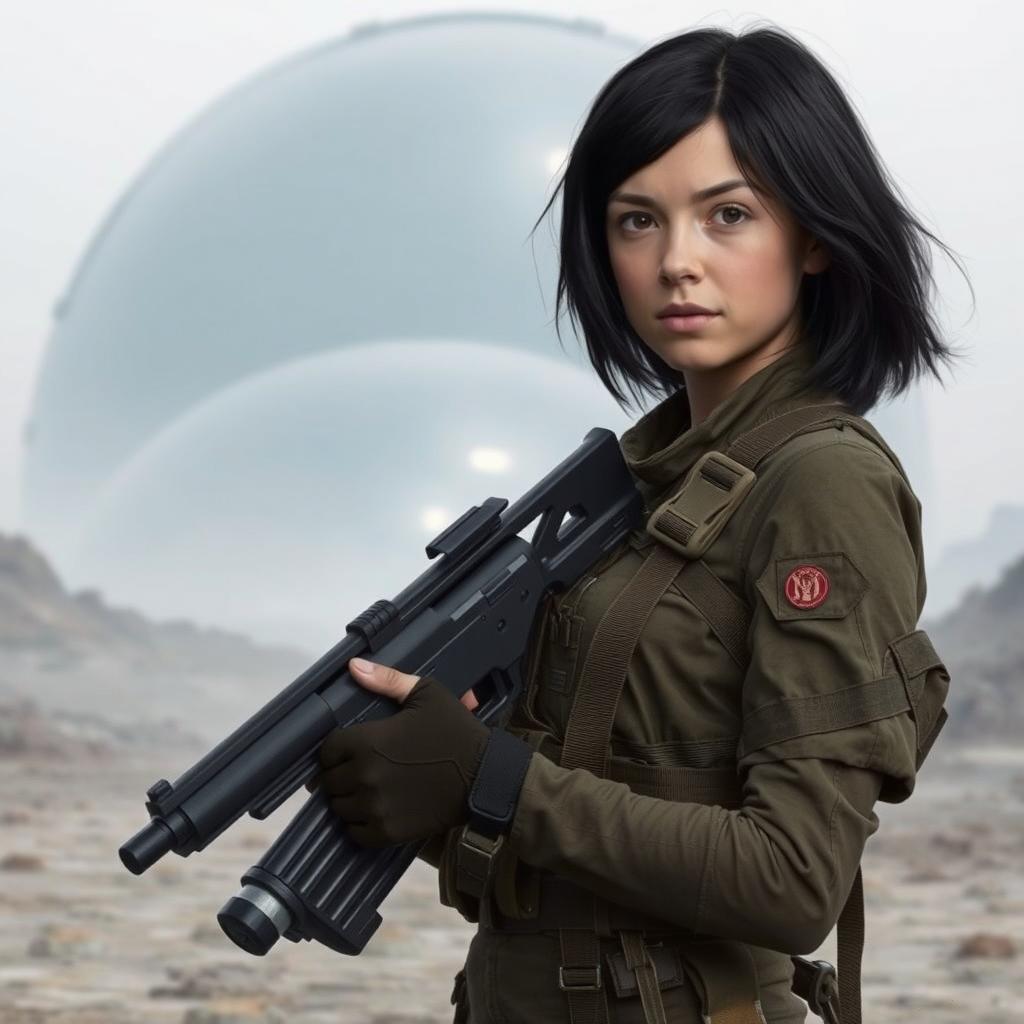 A 17-year-old English girl with shoulder-length black hair, dressed in realistic combat fatigues, confidently holding a futuristic laser pistol