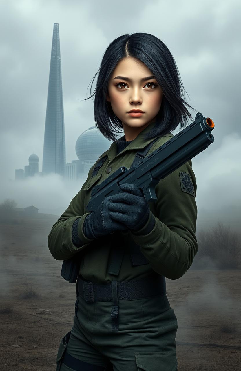 A 17-year-old English girl with shoulder-length black hair, dressed in combat fatigues, confidently carries a futuristic laser pistol