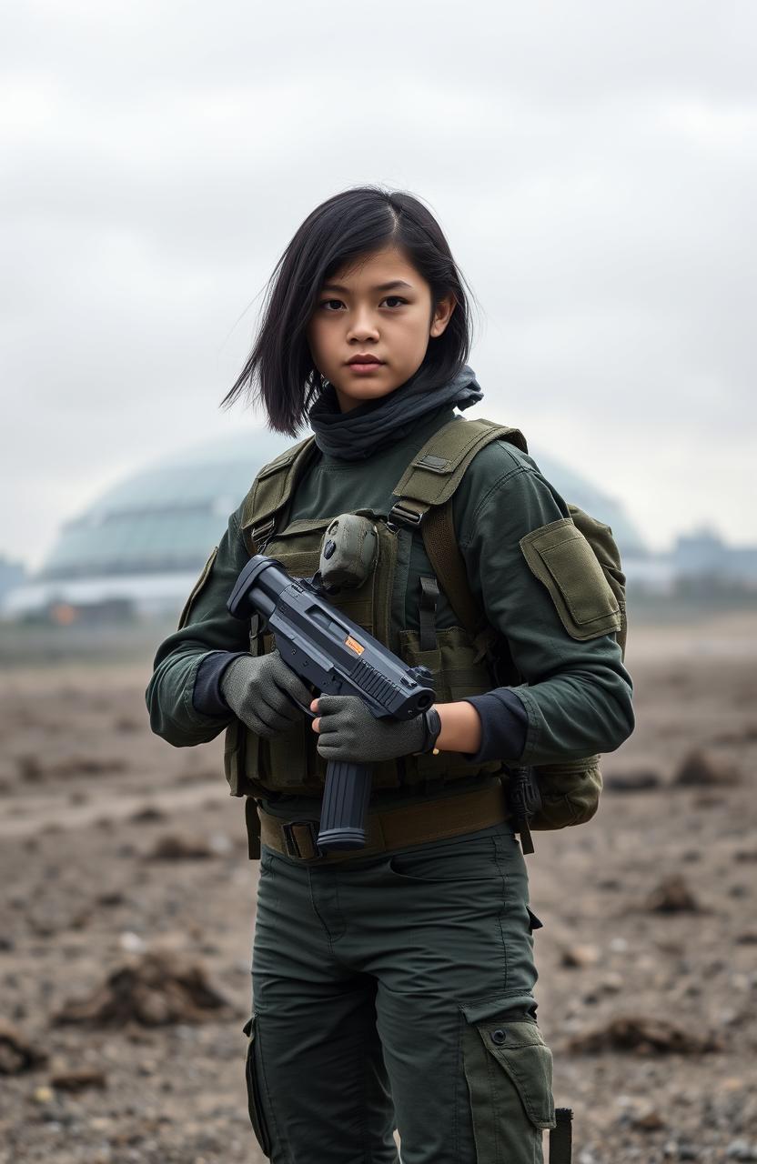 A full-length portrait of a 17-year-old English girl with shoulder-length black hair, wearing combat fatigues