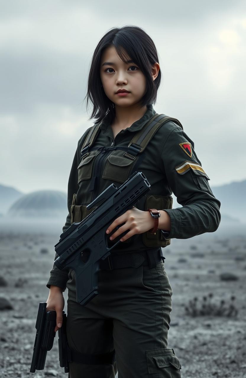 A full-length portrait of a 17-year-old English girl with shoulder-length black hair, dressed in combat fatigues