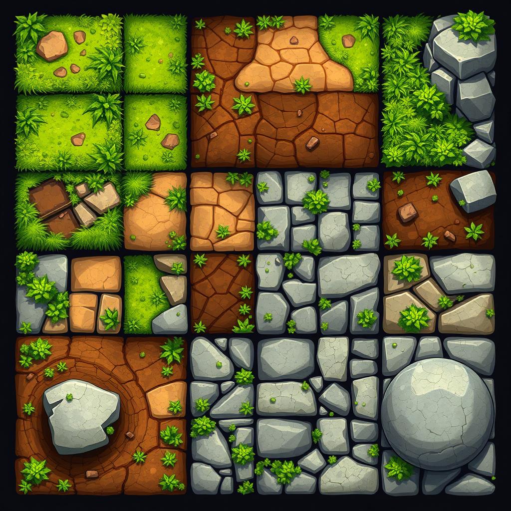 A beautifully detailed RPG tile set designed for a 2D top-down game, featuring a variety of terrain types