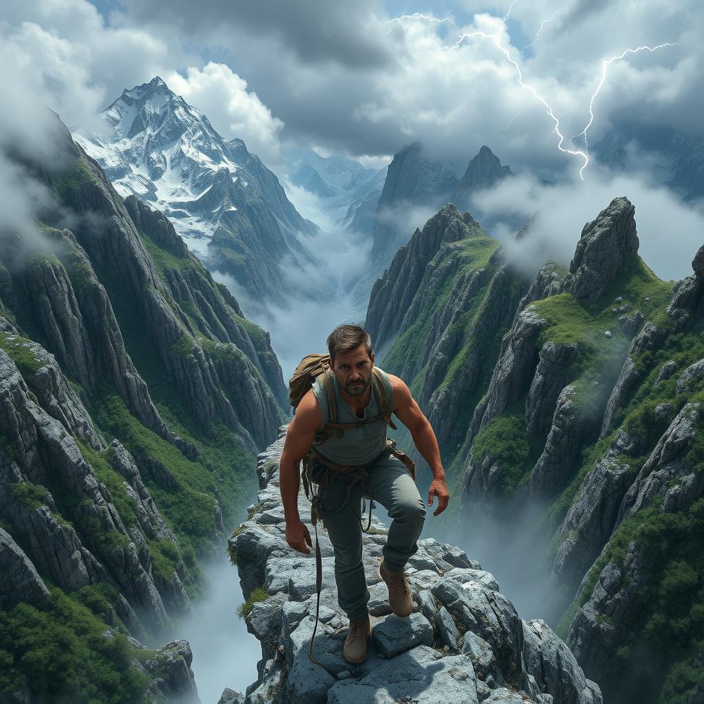 A breathtakingly perilous journey through a treacherous mountain landscape, showcasing steep cliffs, narrow paths, and swirling mist