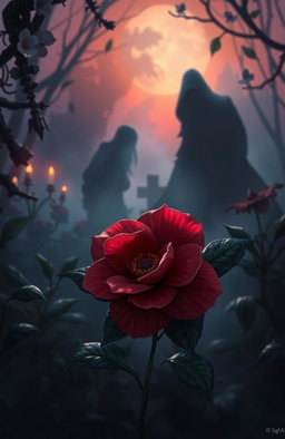 A beautifully illustrated scene featuring a camellia flower, symbolizing longing, surrounded by an ambiance of mystery