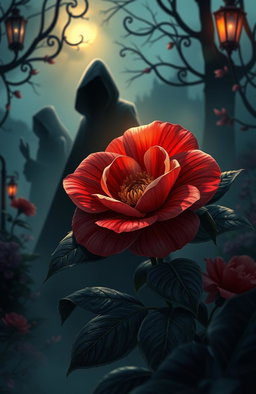 A beautifully illustrated scene featuring a camellia flower, symbolizing longing, surrounded by an ambiance of mystery