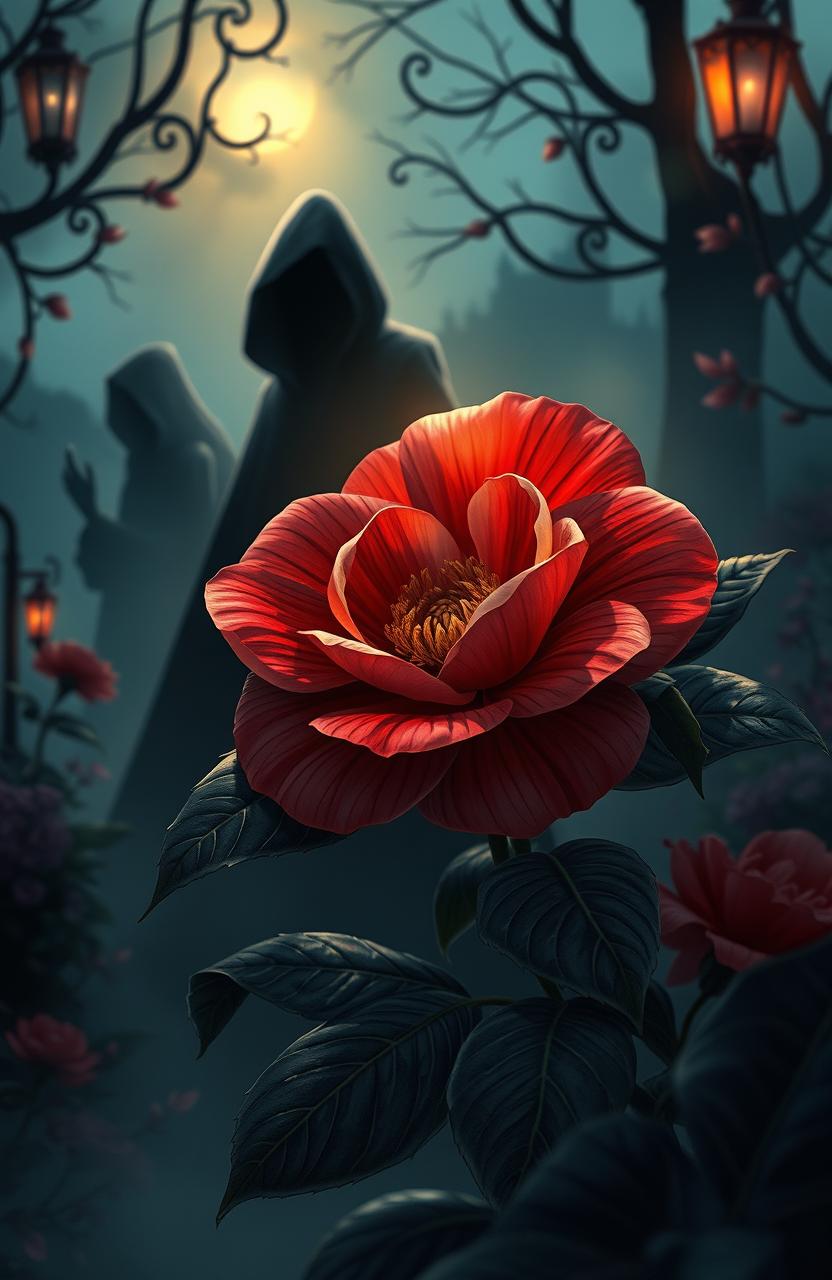 A beautifully illustrated scene featuring a camellia flower, symbolizing longing, surrounded by an ambiance of mystery
