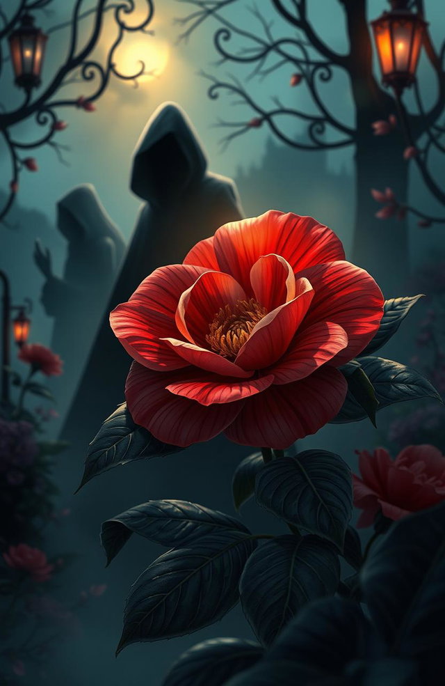 A beautifully illustrated scene featuring a camellia flower, symbolizing longing, surrounded by an ambiance of mystery