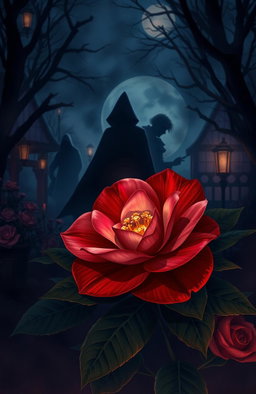 A beautifully illustrated scene featuring a camellia flower, symbolizing longing, surrounded by an ambiance of mystery