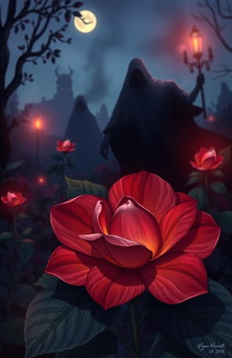 A beautifully illustrated scene featuring a camellia flower, symbolizing longing, surrounded by an ambiance of mystery