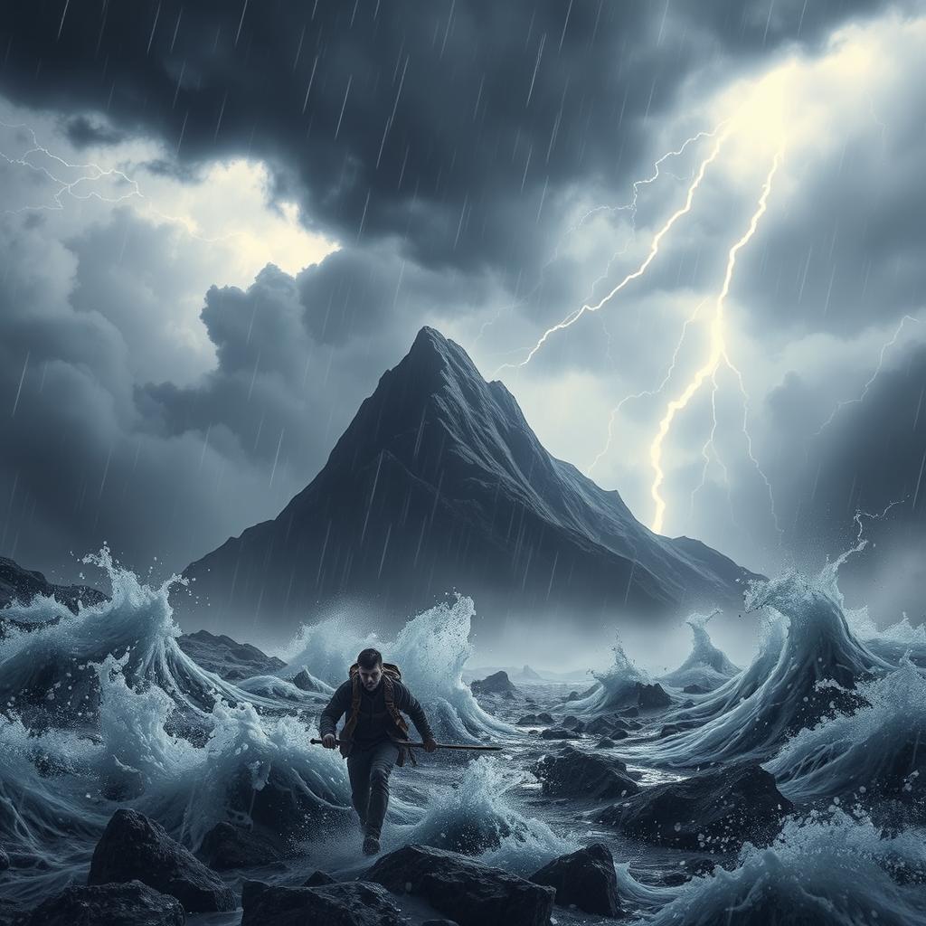 A dramatic scene depicting a perilous journey through a treacherous landscape, symbolizing the struggles of cancer