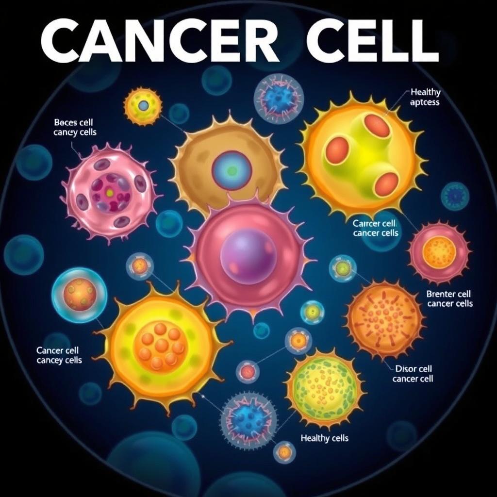 A detailed and educational illustration of cancer cells under a microscope, showcasing their abnormal structure and behavior
