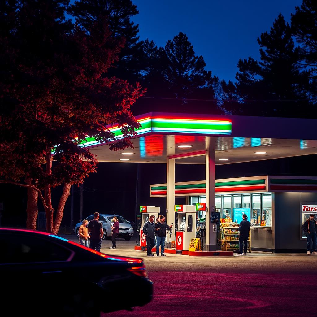 A vibrant gas station nestled in a wooded area, illuminated by striking neon lights that reflect off nearby trees