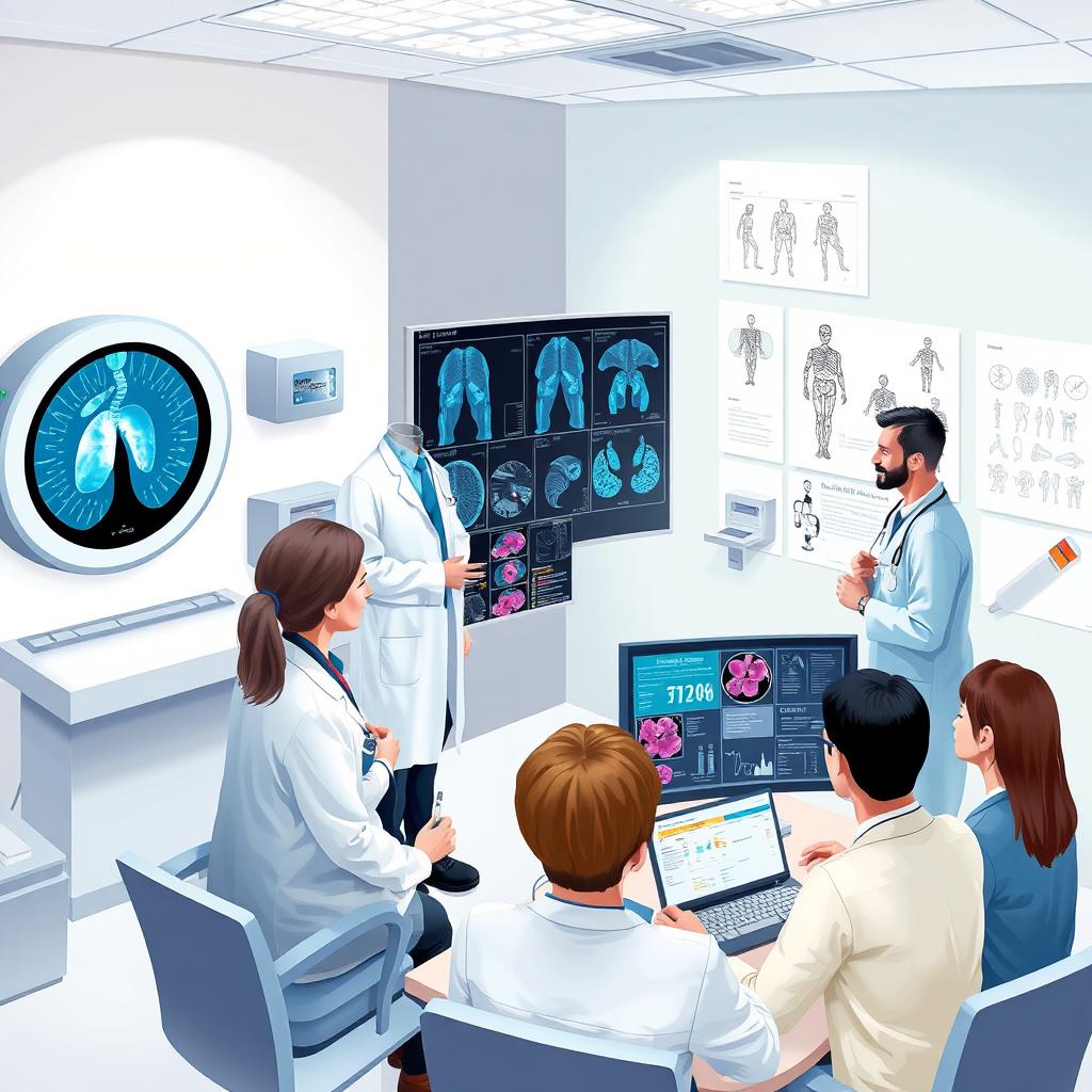 A detailed and informative medical illustration showcasing the diagnostic process of cancer diseases