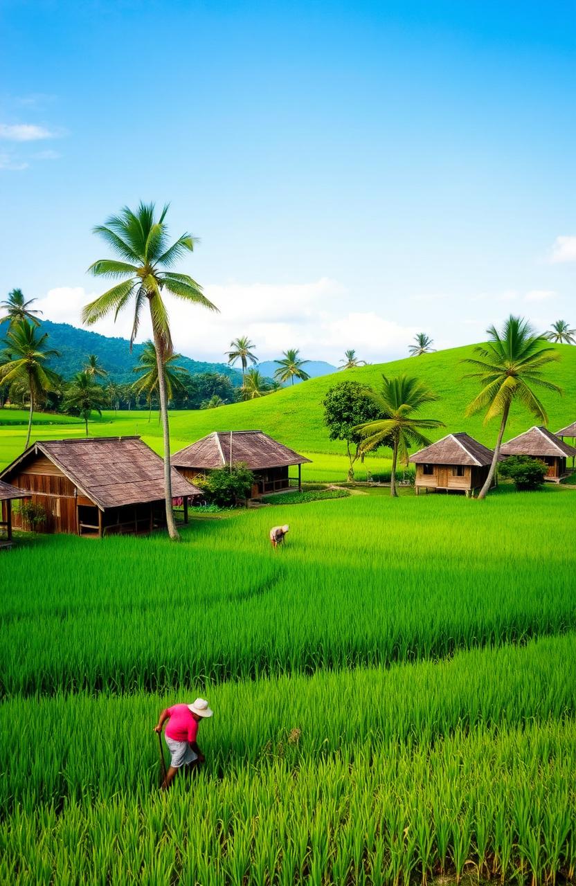 A picturesque rural landscape depicting the serene beauty of a traditional village in Indonesia