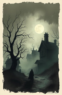 A chilling and suspenseful illustration that captures the essence of a haunted village