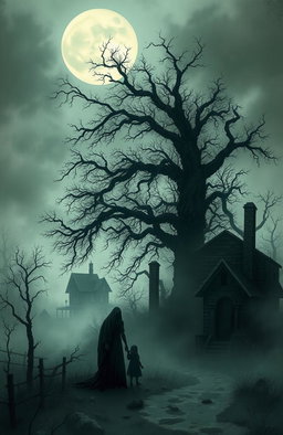 A chilling and suspenseful illustration that captures the essence of a haunted village