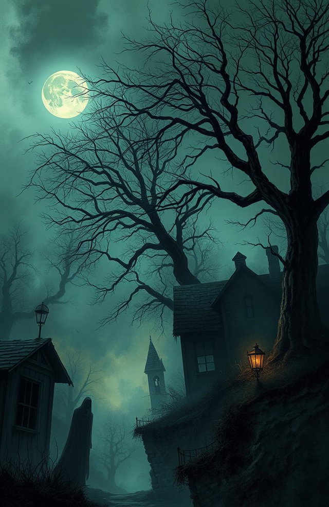 A chilling and suspenseful illustration that captures the essence of a haunted village