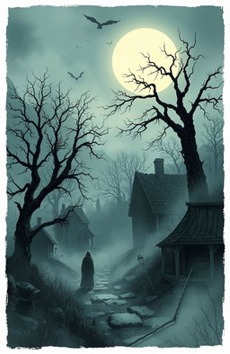 A chilling and suspenseful illustration that captures the essence of a haunted village