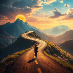 A surreal and inspiring conceptual artwork depicting a journey of overcoming a serious illness, emphasizing resilience and inner strength