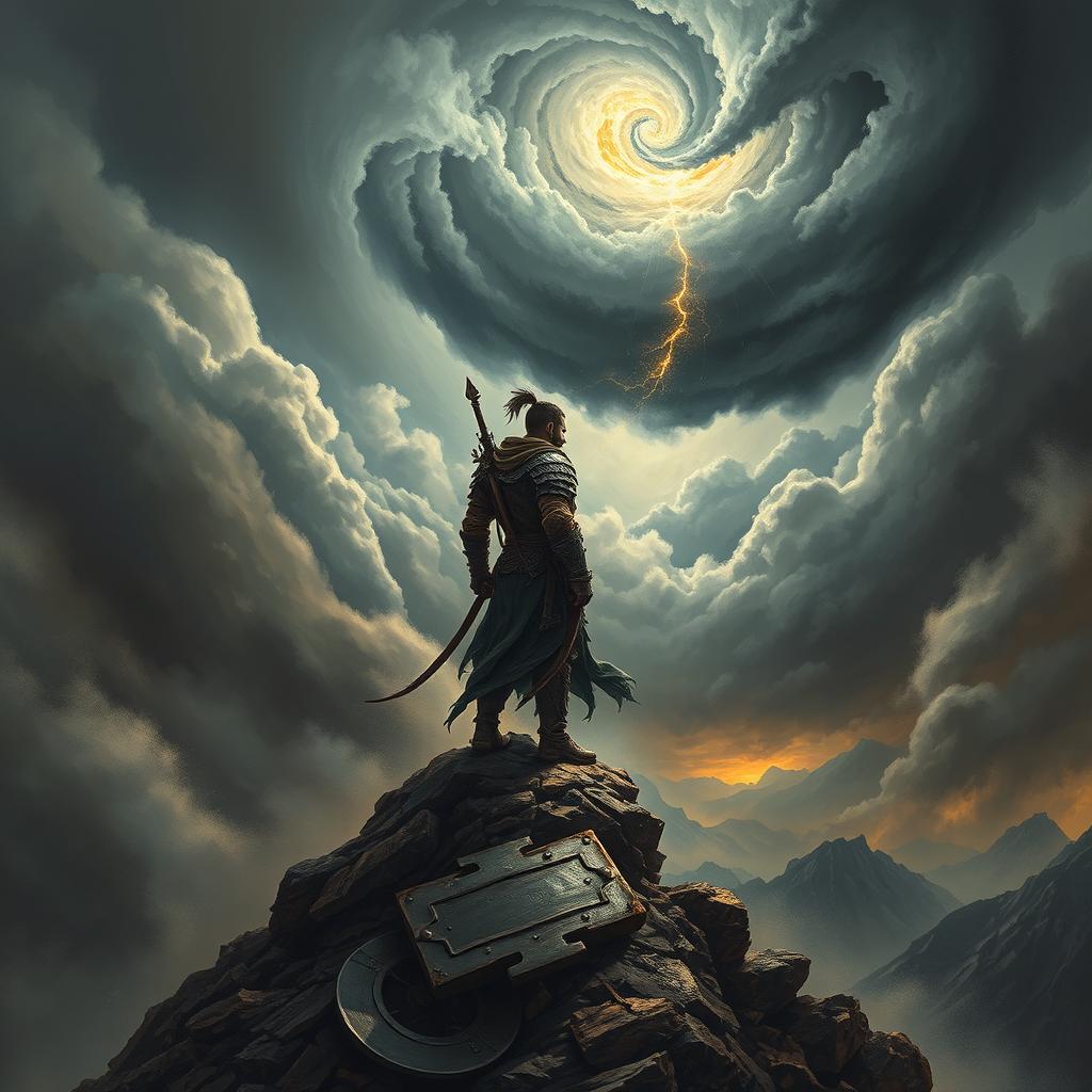 A powerful scene depicting the themes of life and death, featuring a fearless warrior standing on a mountain peak, surrounded by a dramatic storm