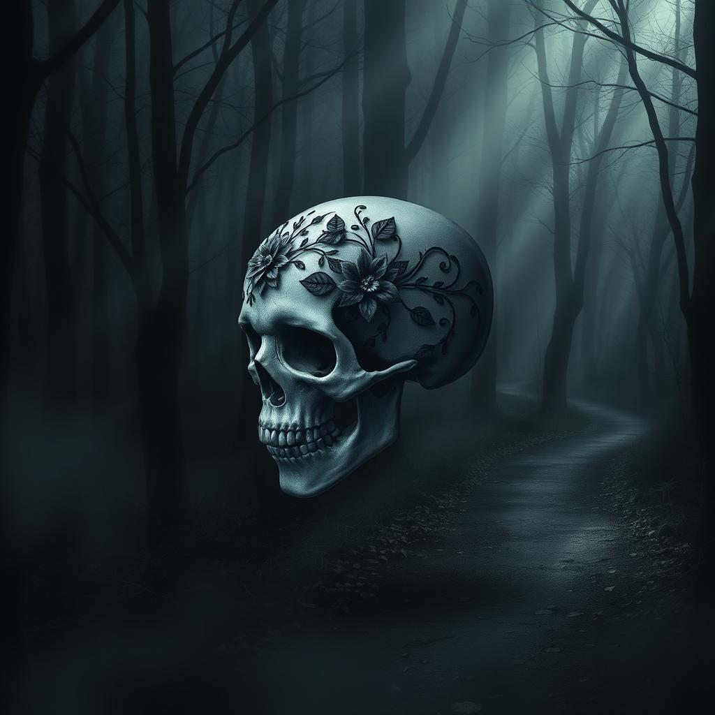 A hauntingly beautiful scene representing the journey of life and death, featuring a detailed skull (Totenkopf) as the central element