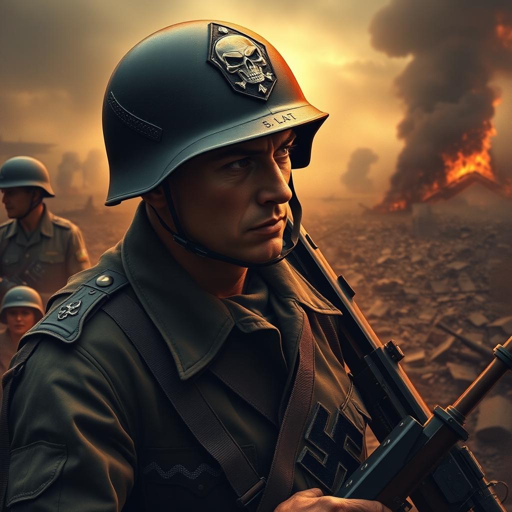 A dramatic scene depicting a soldier in a World War II setting, showcasing the iconic Totenkopf (death's head) emblem on his uniform