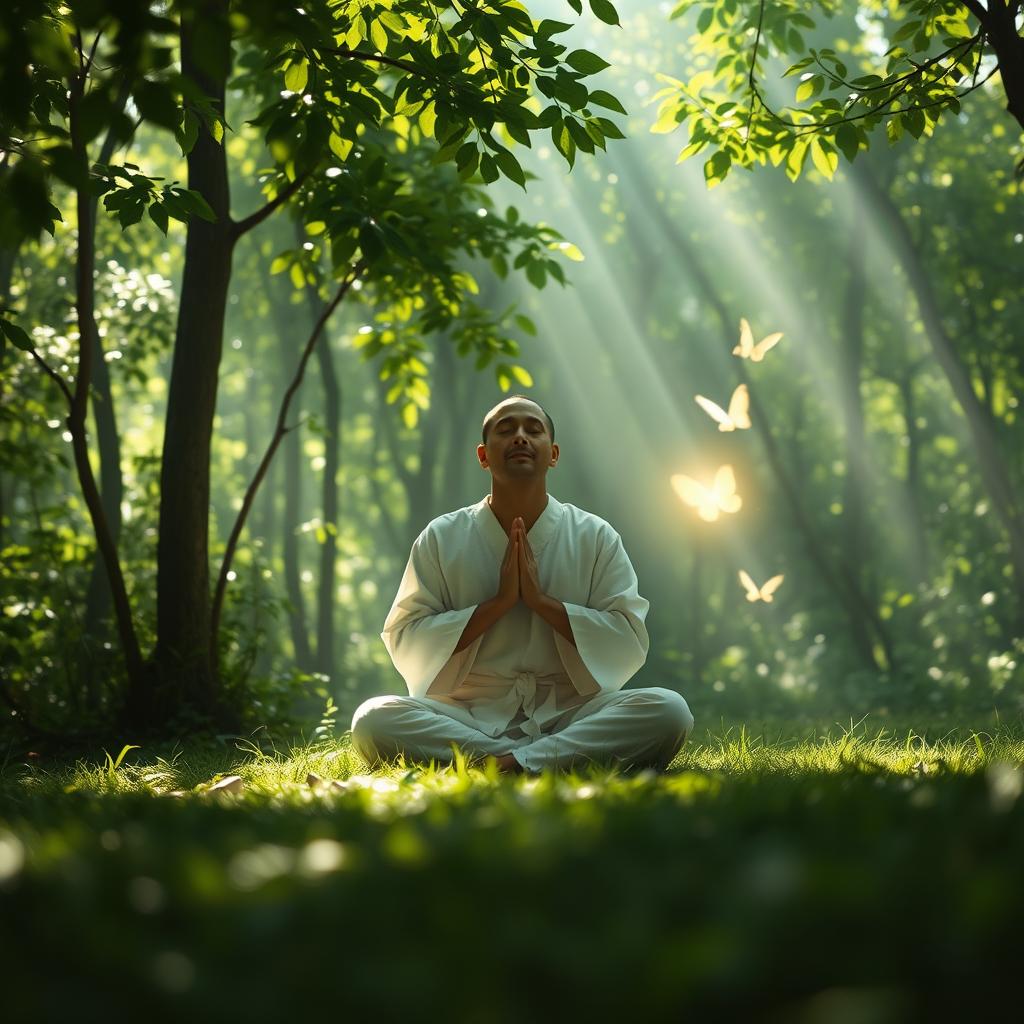 A tranquil and serene scene representing intimacy with God, featuring a lone figure sitting peacefully in a lush green forest