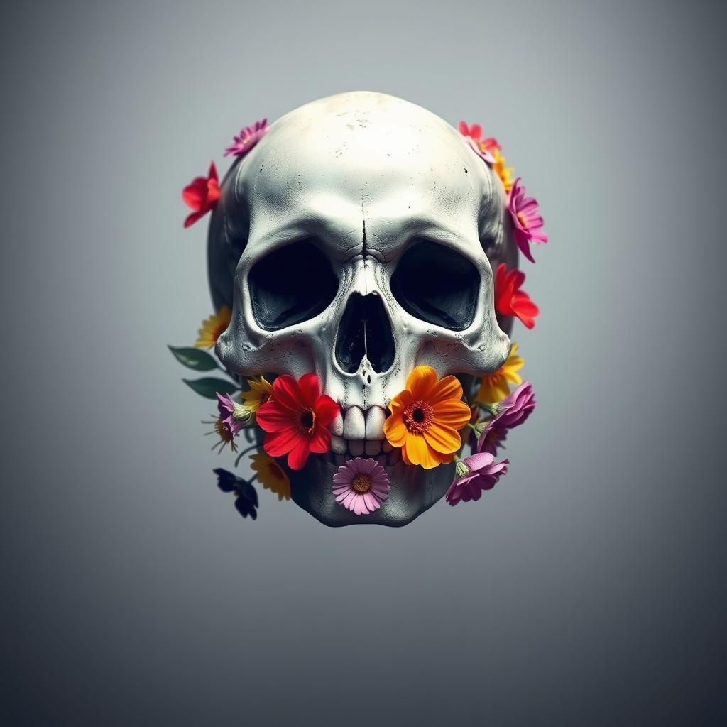 A striking juxtaposition of a skull (Totenkopf) adorned with vibrant flowers (Blumen) creating a unique representation of motivation and strength (Motivation, Kraft)