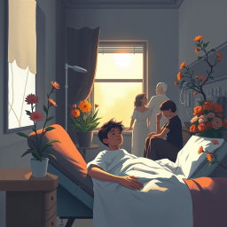A poignant and emotional illustration reflecting the themes of death, illness, and suffering juxtaposed with hope, courage, and life