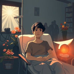 A poignant and emotional illustration reflecting the themes of death, illness, and suffering juxtaposed with hope, courage, and life