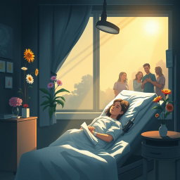A poignant and emotional illustration reflecting the themes of death, illness, and suffering juxtaposed with hope, courage, and life