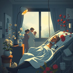 A poignant and emotional illustration reflecting the themes of death, illness, and suffering juxtaposed with hope, courage, and life