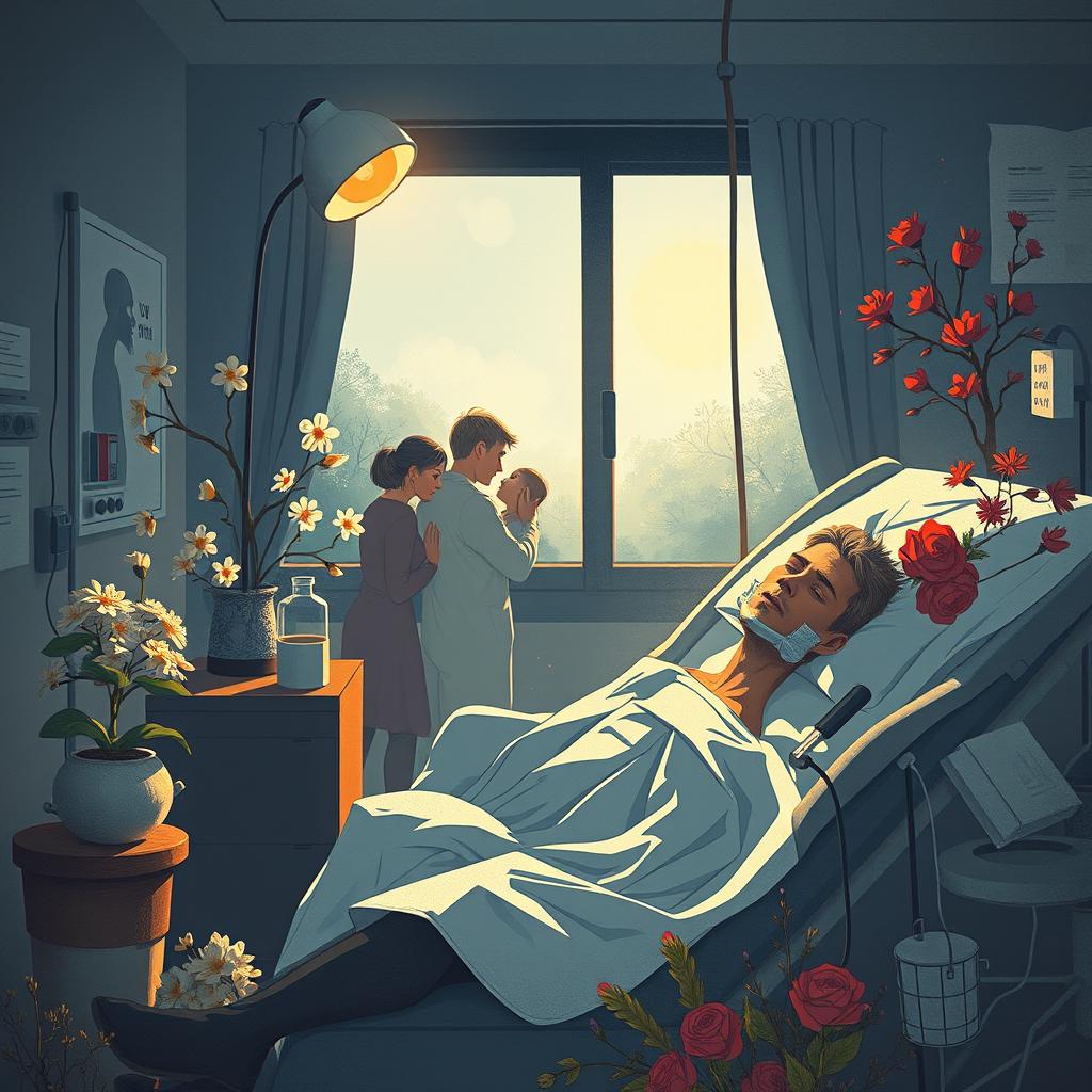 A poignant and emotional illustration reflecting the themes of death, illness, and suffering juxtaposed with hope, courage, and life
