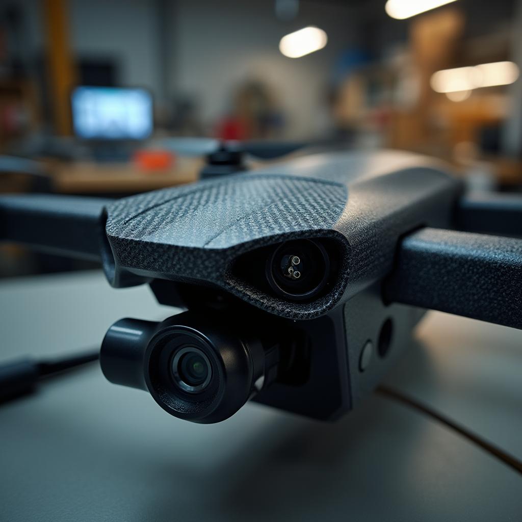 A close-up of a high-tech drone showcased in an artistic manner, featuring parts made of sleek carbon fiber
