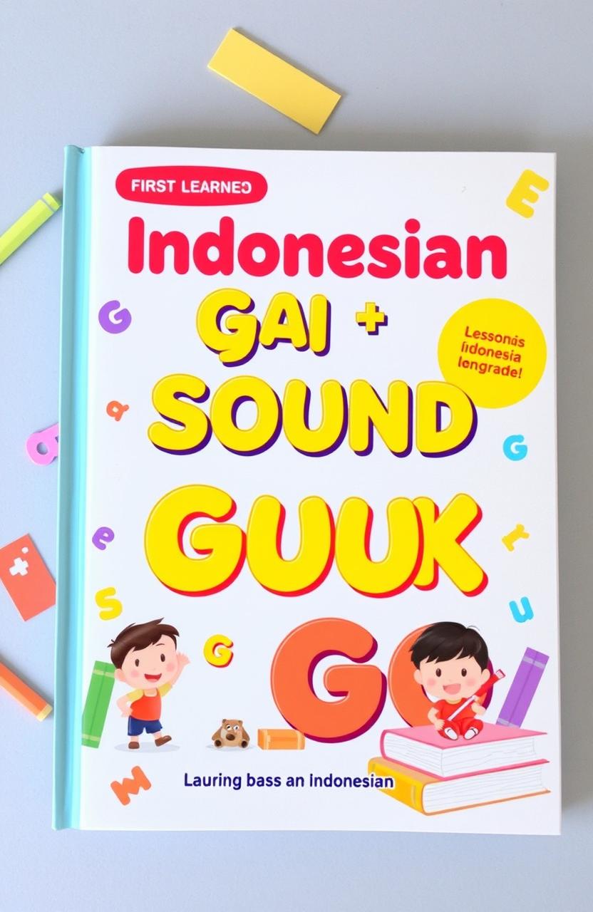 A colorful and engaging book cover for a learning guide on Indonesian language, specifically focusing on the lessons related to the sounds 'ga', 'gi', 'gu', 'ge', and 'go' aimed at first-grade students