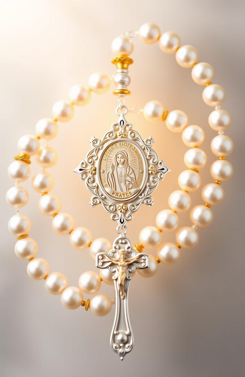 A beautifully designed personalized rosary for a baptism, featuring elegant beads made of white pearls and gold accents