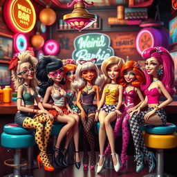 A quirky and colorful scene featuring a group of stylized, eccentric 'weird barbie' characters in a vibrant urban setting