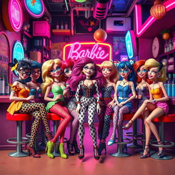 A quirky and colorful scene featuring a group of stylized, eccentric 'weird barbie' characters in a vibrant urban setting