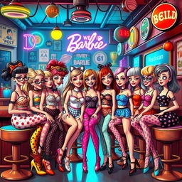 A quirky and colorful scene featuring a group of stylized, eccentric 'weird barbie' characters in a vibrant urban setting